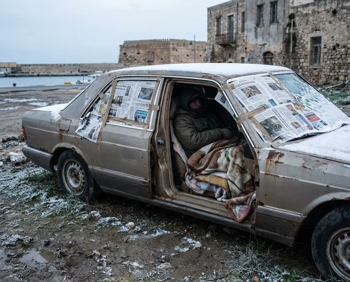Abandoned vehicle serving as an improvised refuge for an elderly woman in Heraklion.
