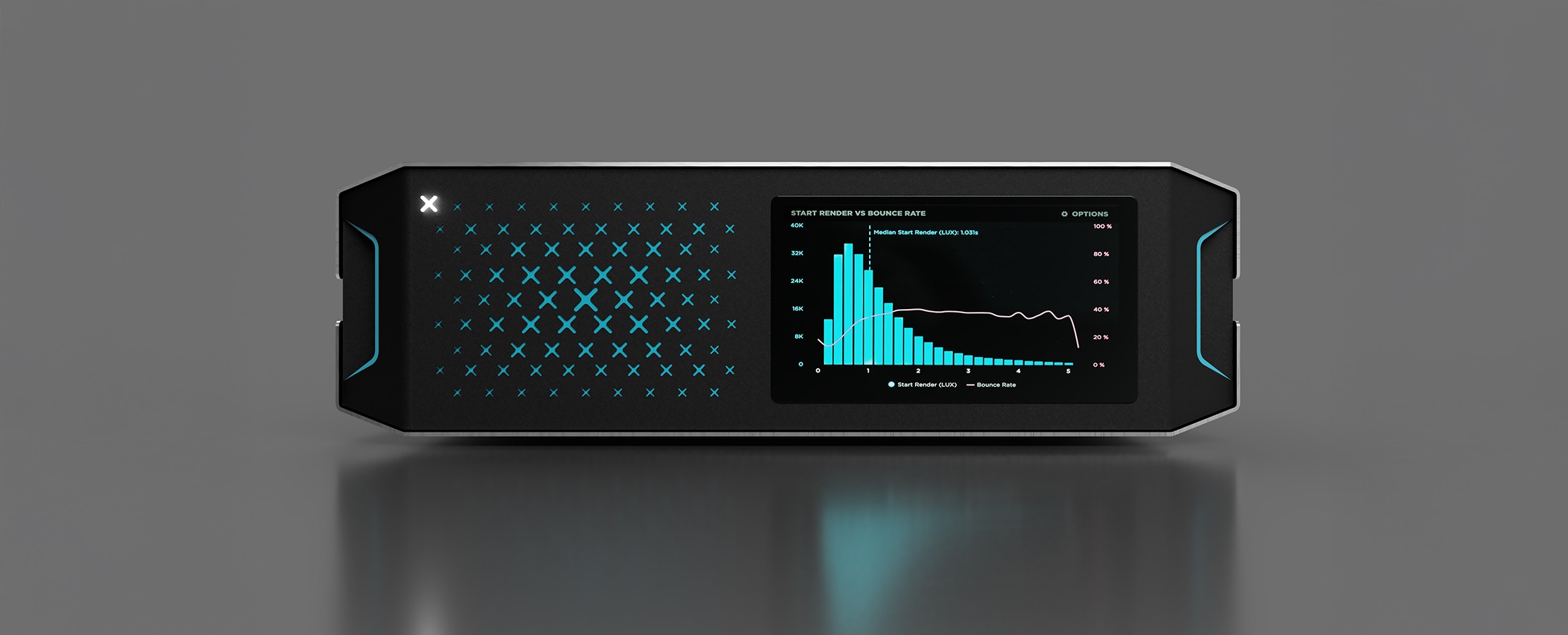 A flat device in a grey environment displaying a bar chart graphic on a small screen on the front.