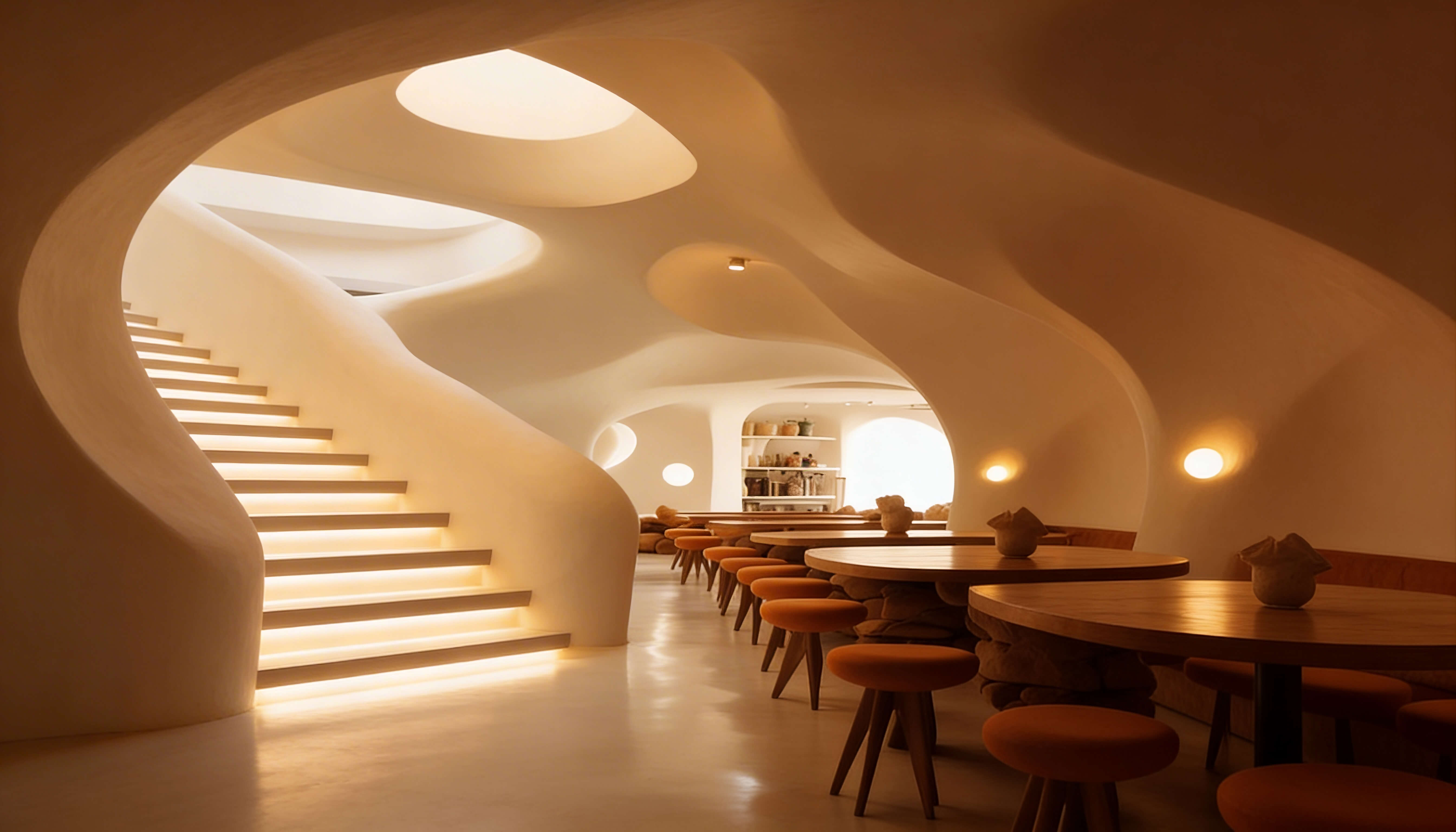 Open-plan living space with sculptural curved walls and soft ambient lighting