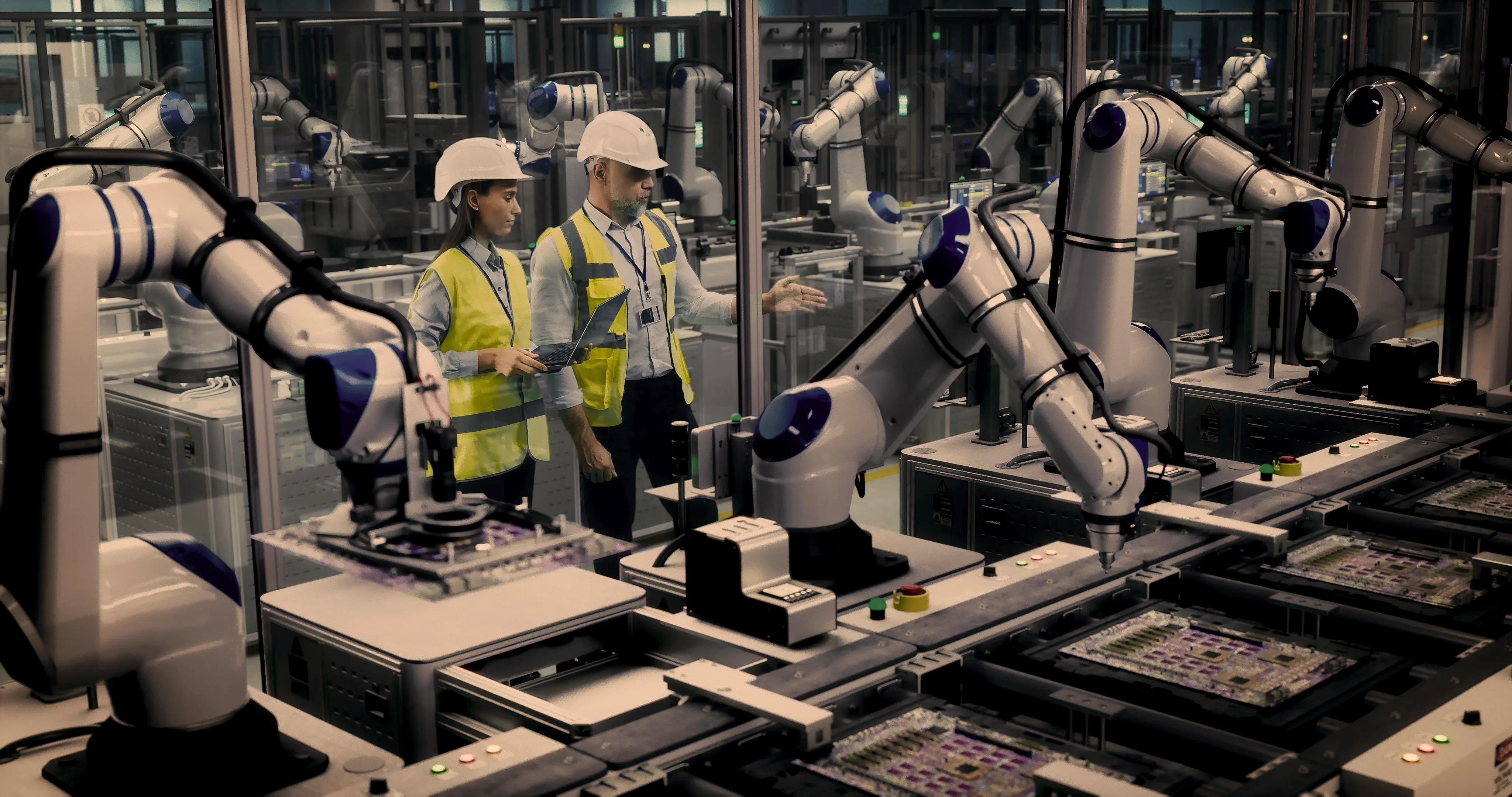 Engineers in hard hats and hi-vis vests overseeing robot arms on an electronics production line