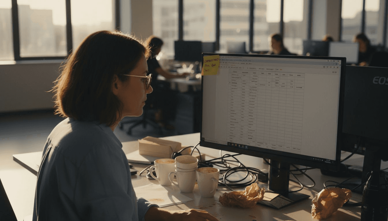 Une femme passe en revue une fiche produit optimisée pour le SEO dans un open space.