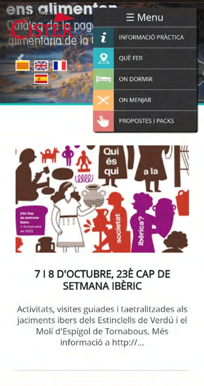 Captura de la interfaz original de La Ruta del Císter con problemas de jerarquía y navegación identificados