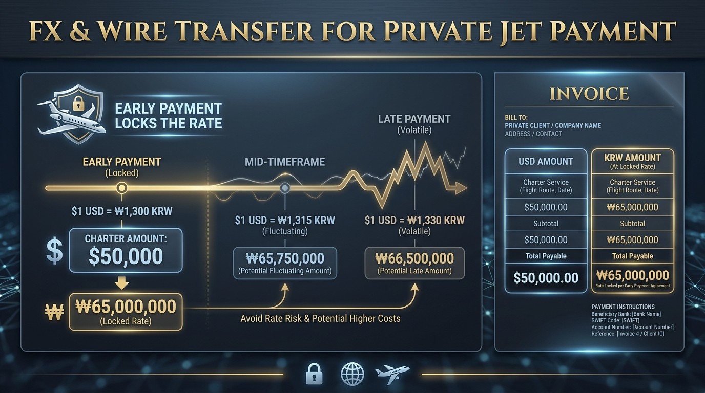 Private jet FX and wire transfer in practice — USD pricing, local currency conversion, FX movement, early payment, hedging, invoice display
