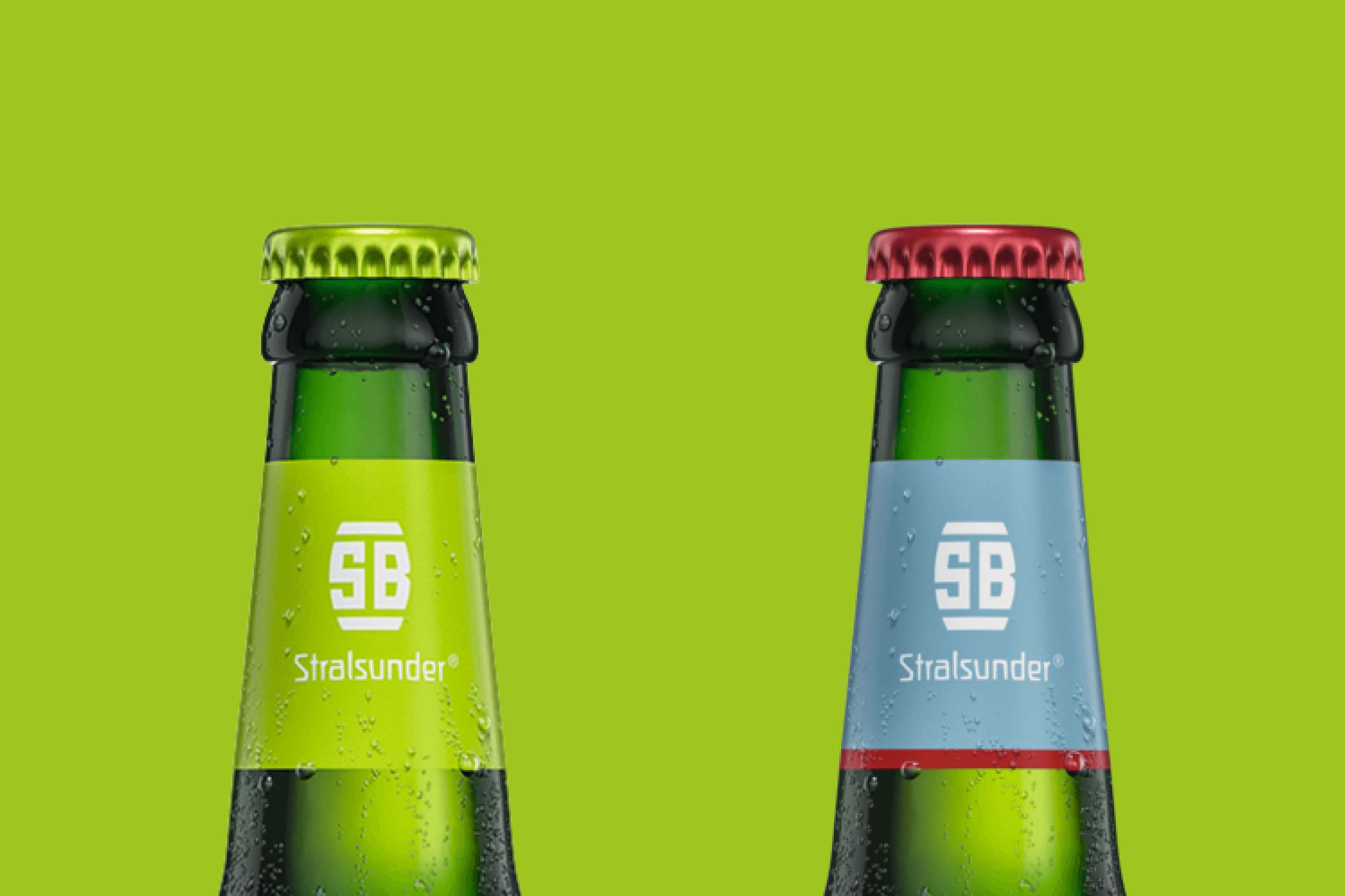 Two beer bottles with 'SB' logos on lime green and blue labels.