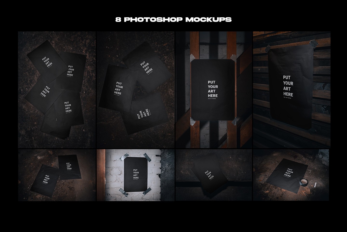 Basement poster mockup bundle overview showing eight underground poster presentation scenes