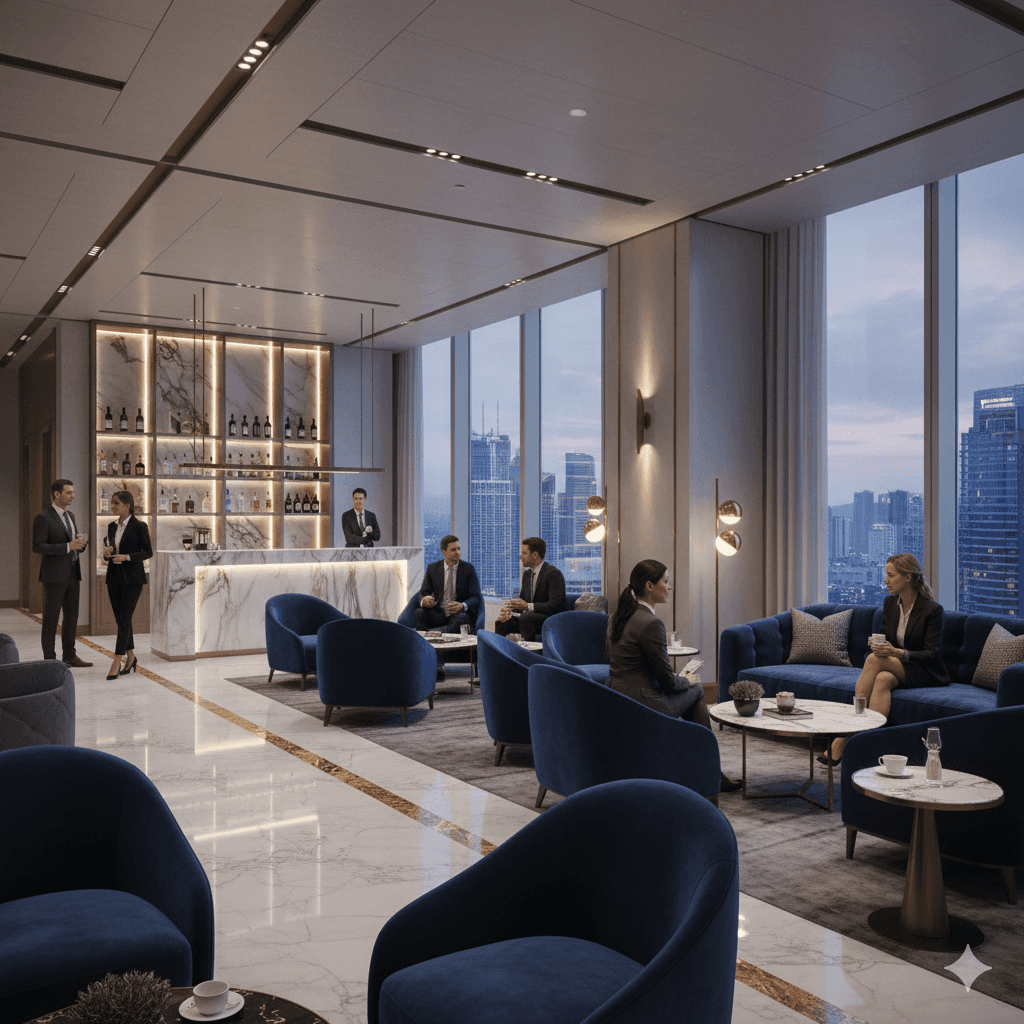 Premium corporate business lounge interior with city views in a luxury commercial tower