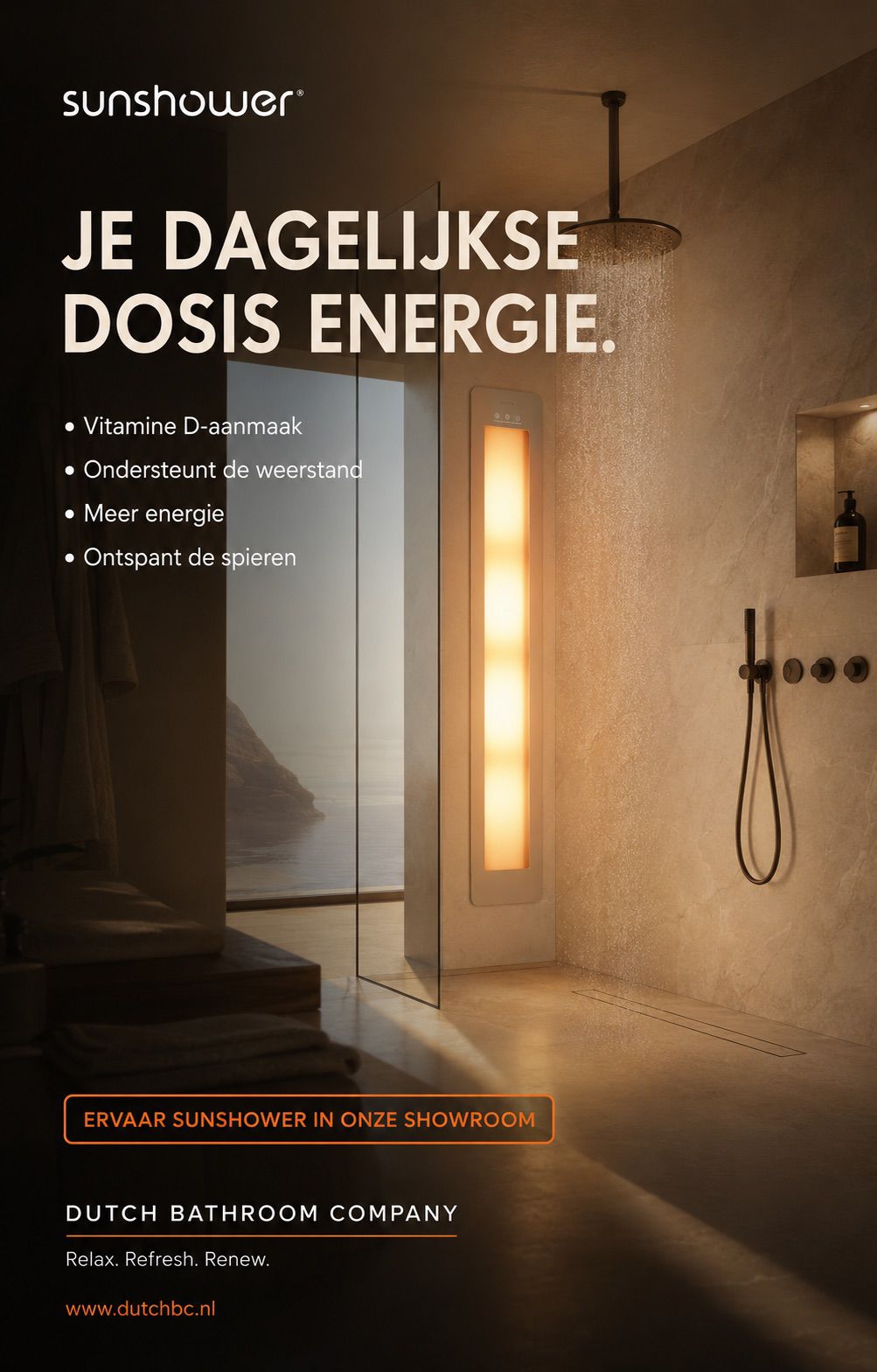 Sunshower Round PLUS/L met infrarood en uv-licht in een luxe doucheomgeving