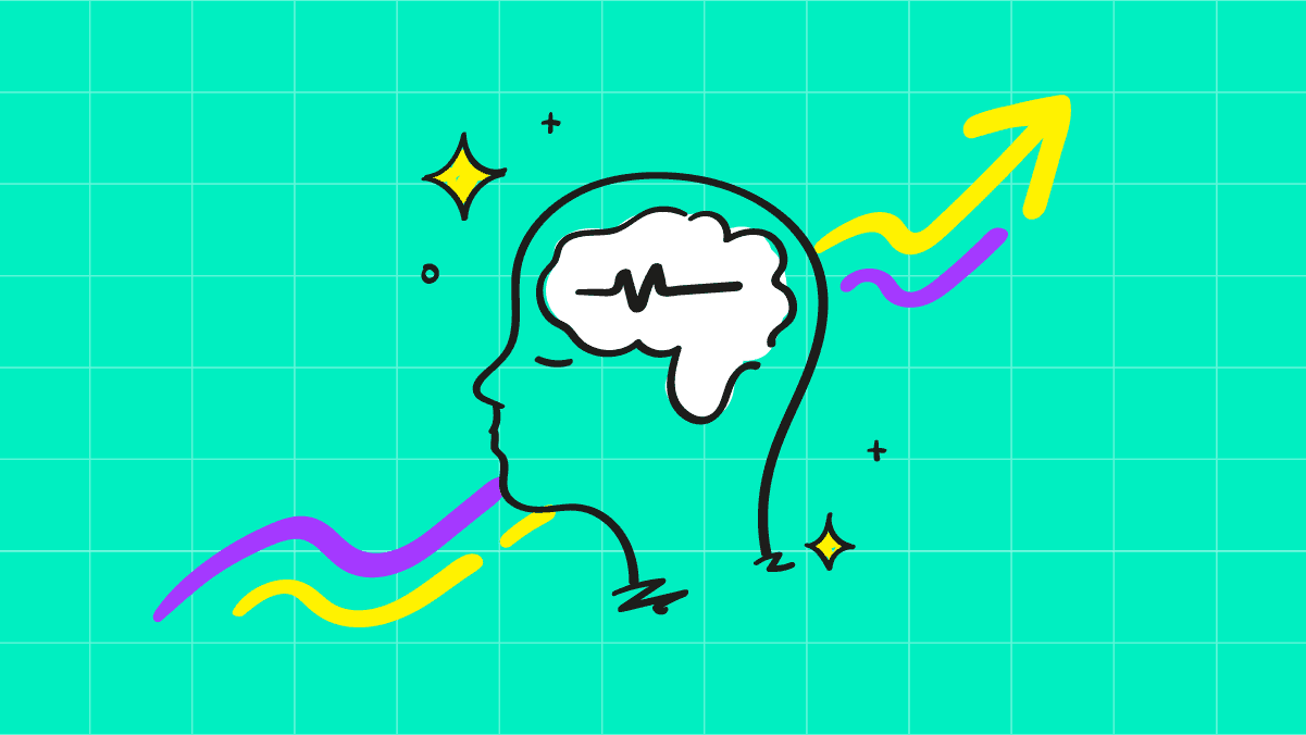 Illustrated human head with brain and upward trending arrows symbolizing creative brainstorming growth