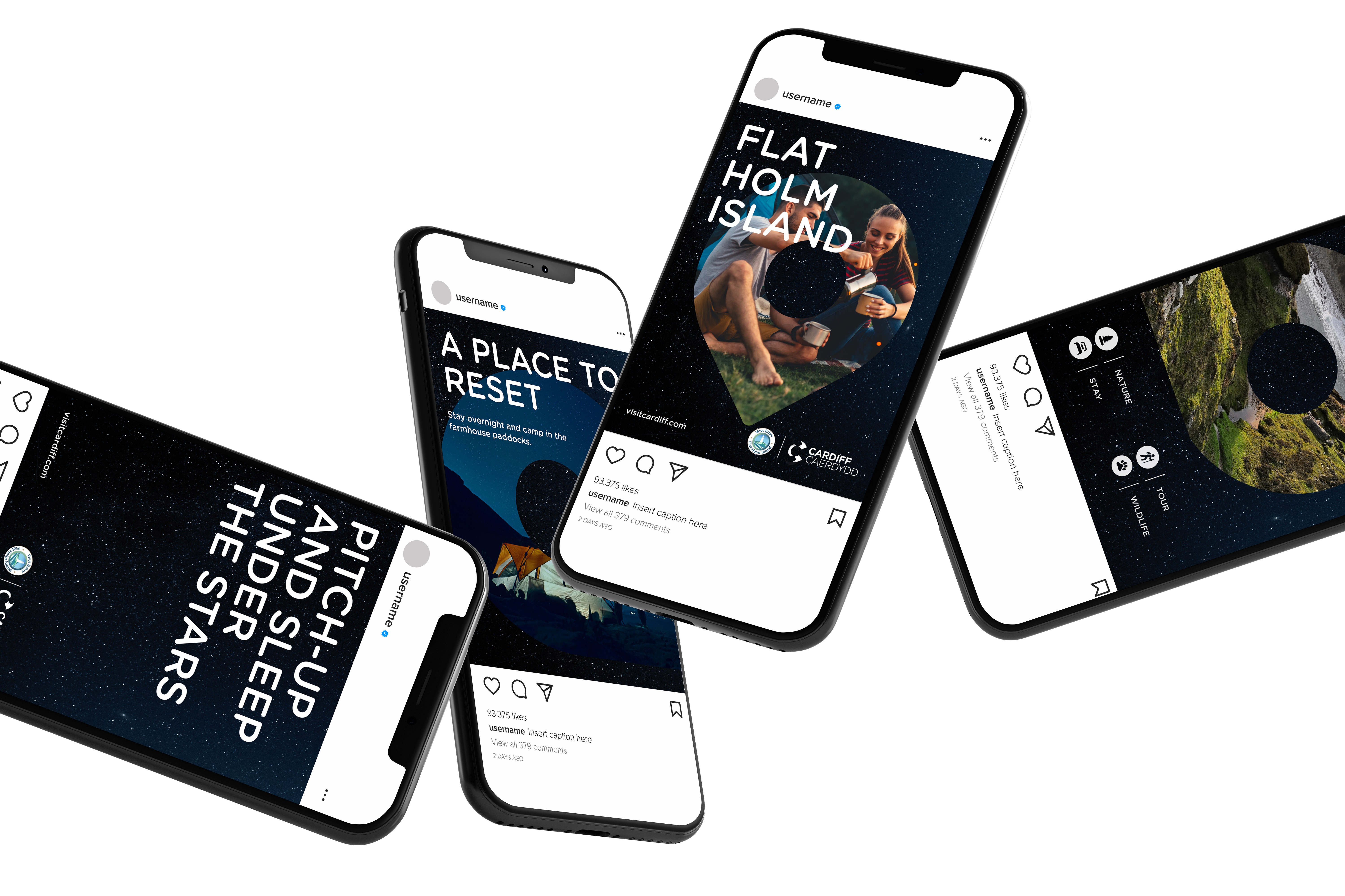 4 phones floating in white space showing Visit Cardiff social content