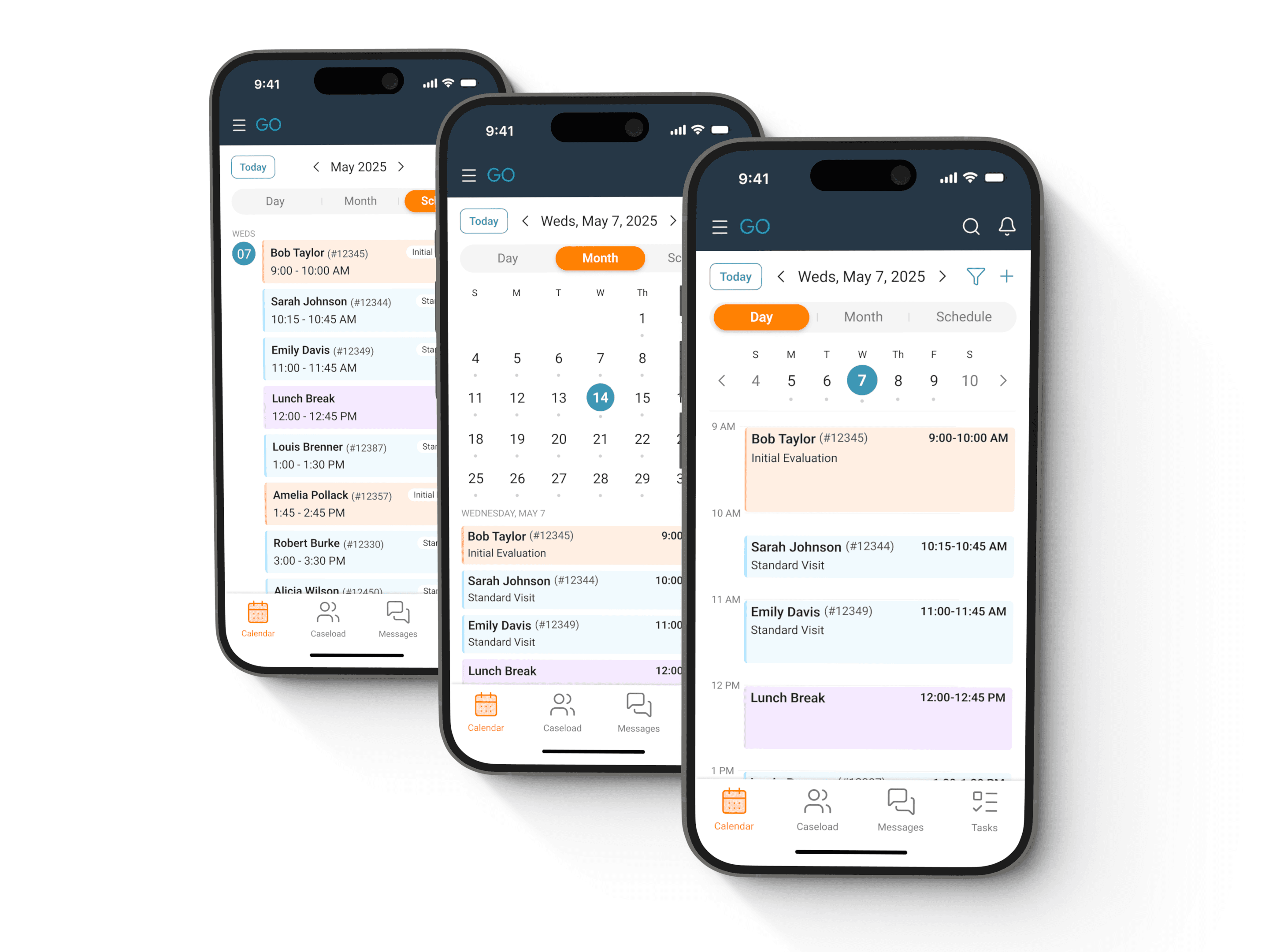 Three iphones displaying various schedule views