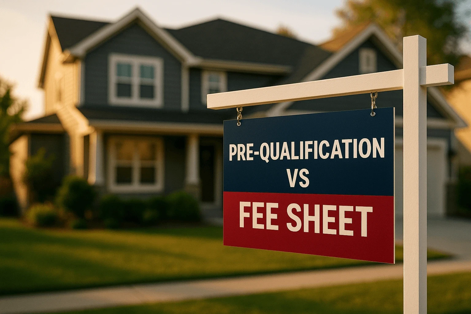 Real estate sign in front of a house displaying the words “Pre-qualification vs. Fee Sheet”.