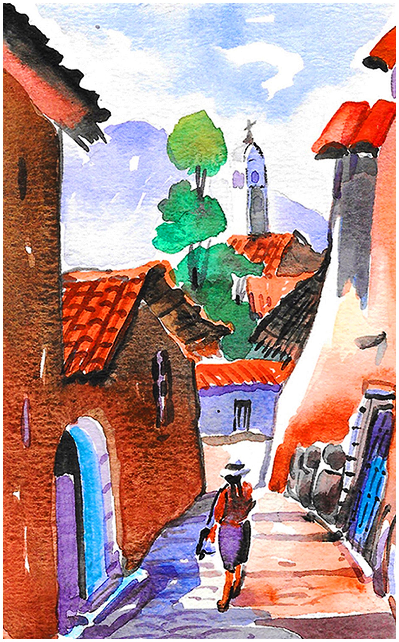 Watercolor illustration of a Cusco street with a walking figure, textured walls and vibrant colors capturing everyday life in the Andean city.