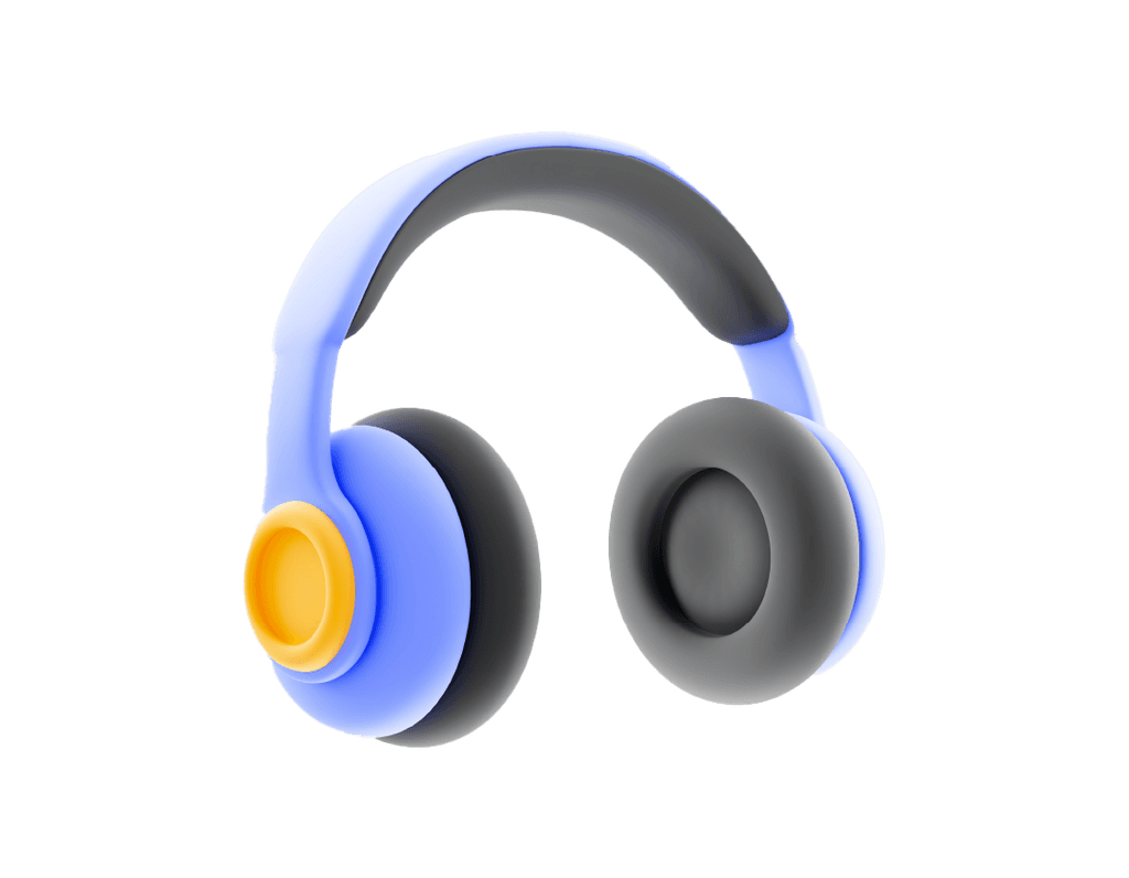 A pair of headphones with a blue and gray design and an orange accent on the earcup.