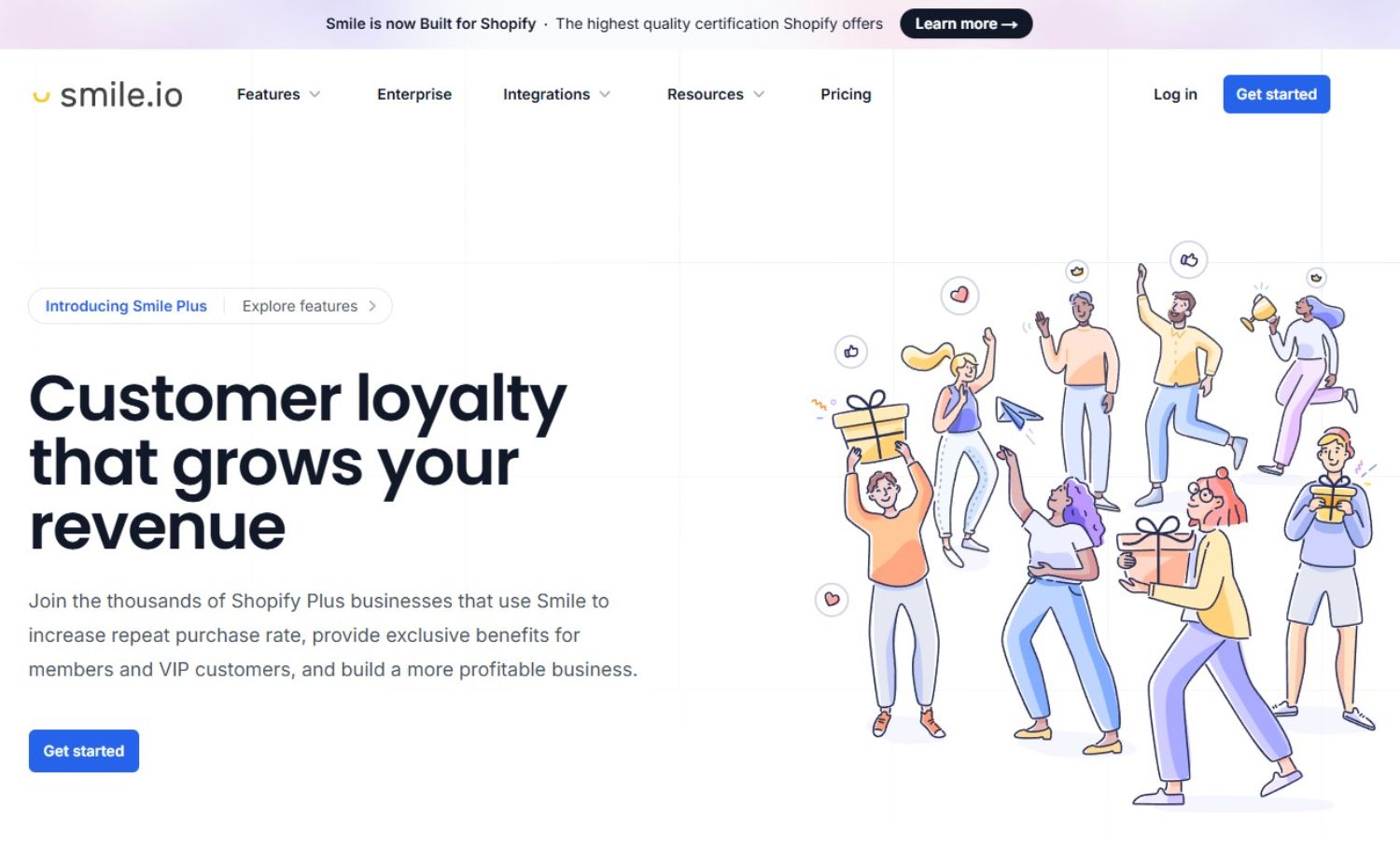 Smile.io Homepage: "Smile.io homepage showcasing loyalty program features for e-commerce businesses, with an illustration of people celebrating and holding gift boxes. The tagline reads 'Customer loyalty that grows your revenue.'"