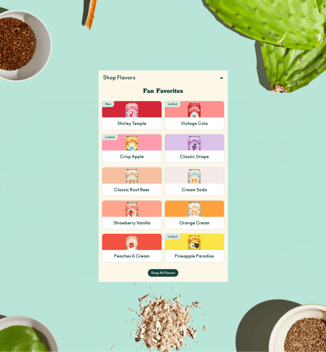 OLIPOP flavour selection grid supporting subscription discovery