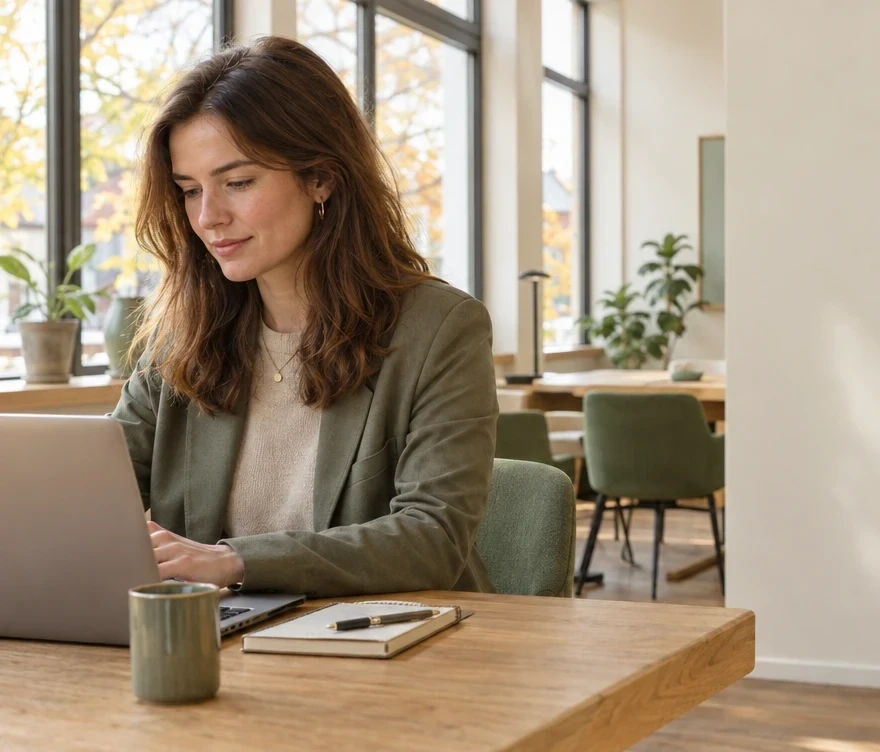 Gast arbeitet am Laptop im Coworking-Space