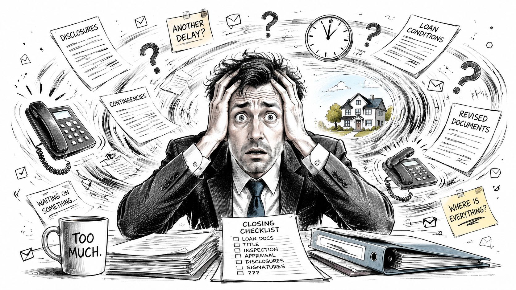 A stressed man in a suit overwhelmed by paperwork and documents during the home closing process.