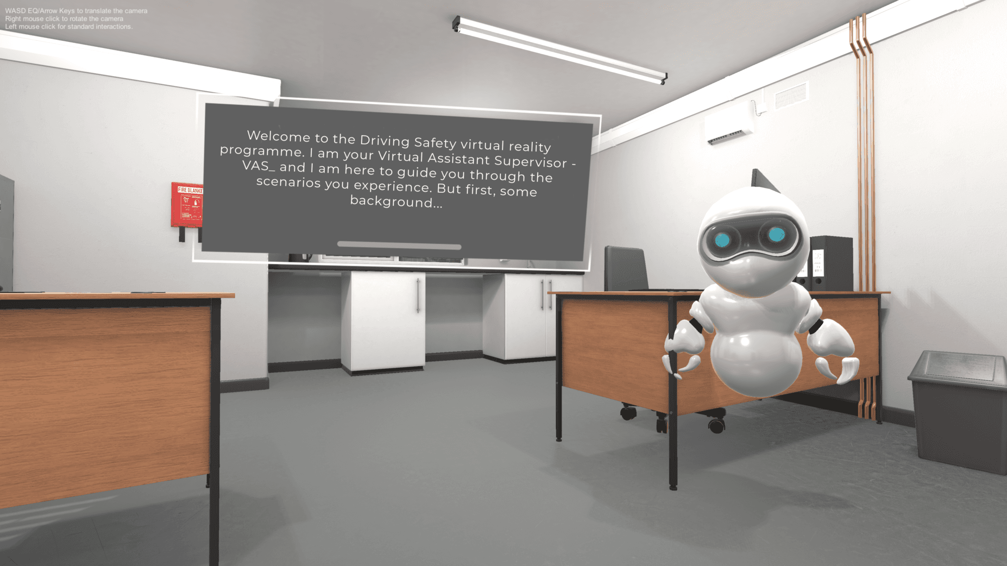 3d office with virtual robot instructing about safe driving and driver safety