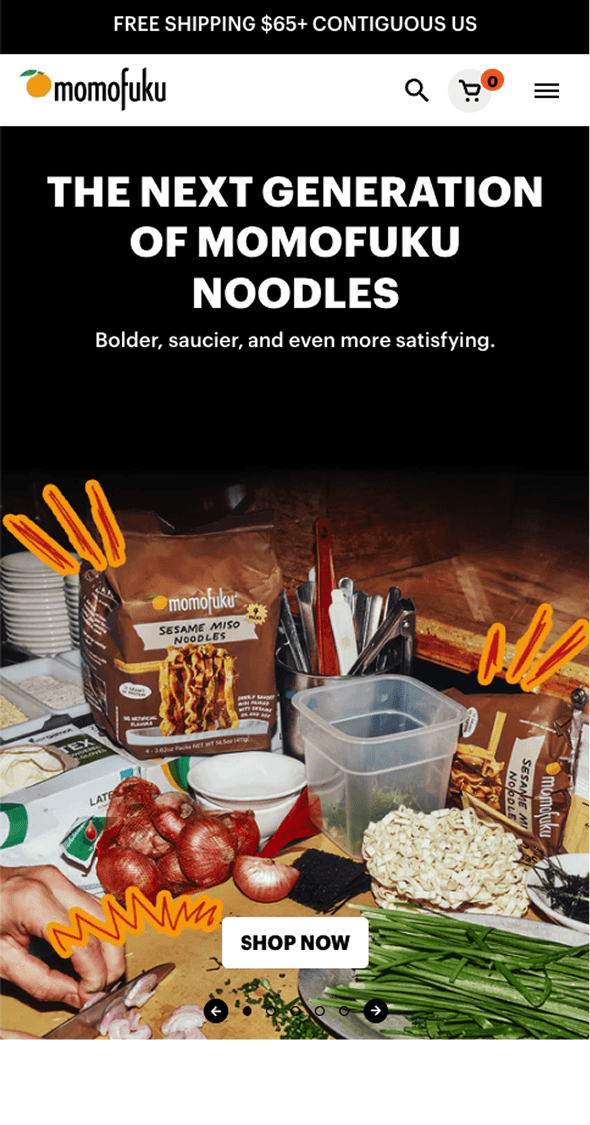 Mobile homepage hero promoting Momofuku noodles and pantry products