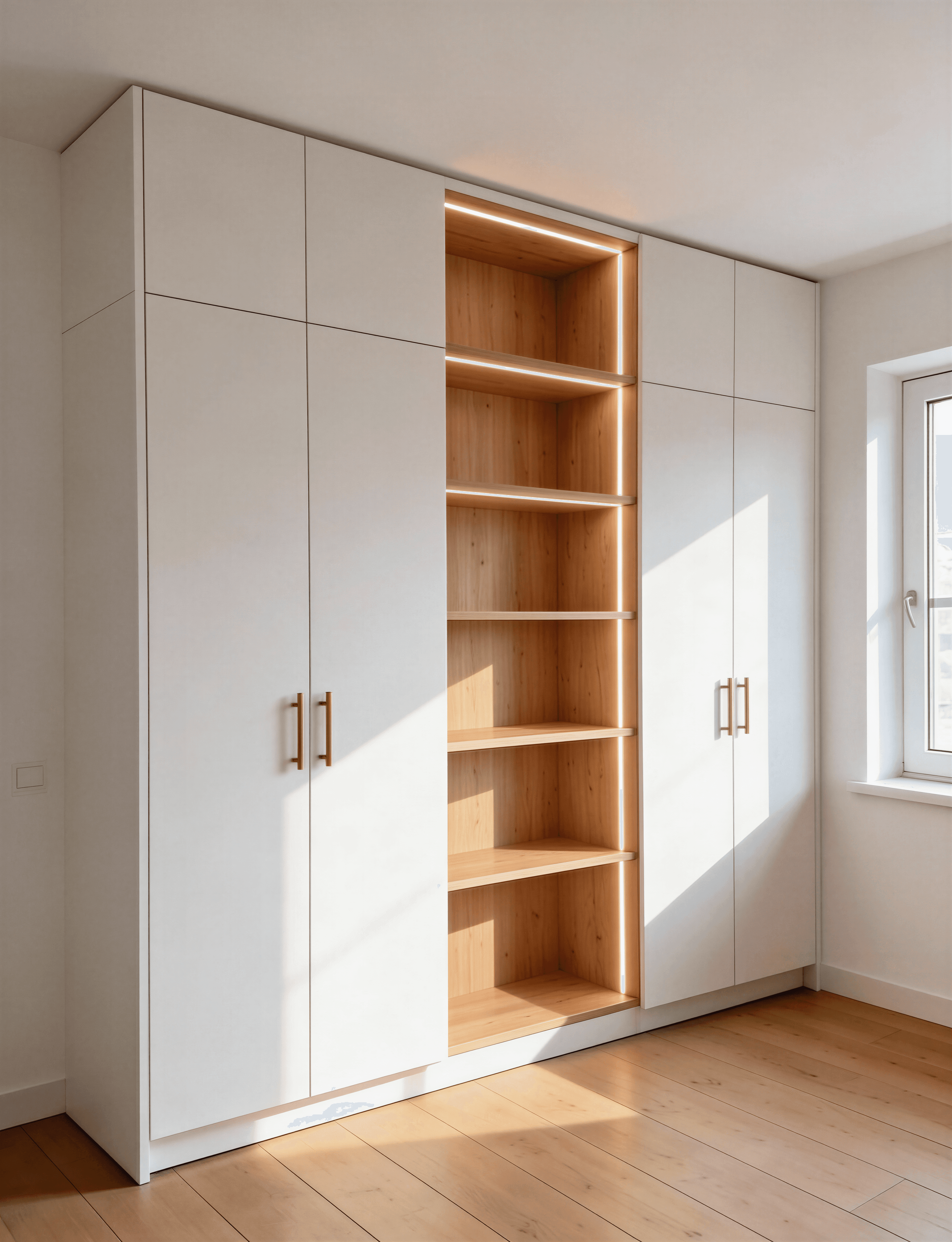 Dulap alb cu nișă din lemn și rafturi deschise centrale, design curat, lumină naturală laterală.