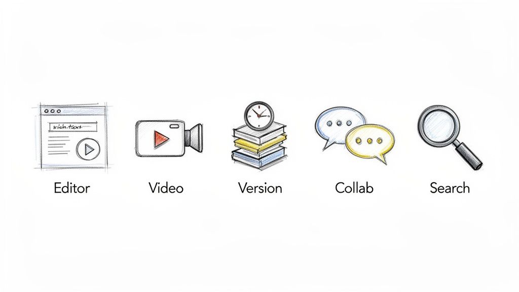 Icons representing software features: editor, video, version control, collaboration, and search.