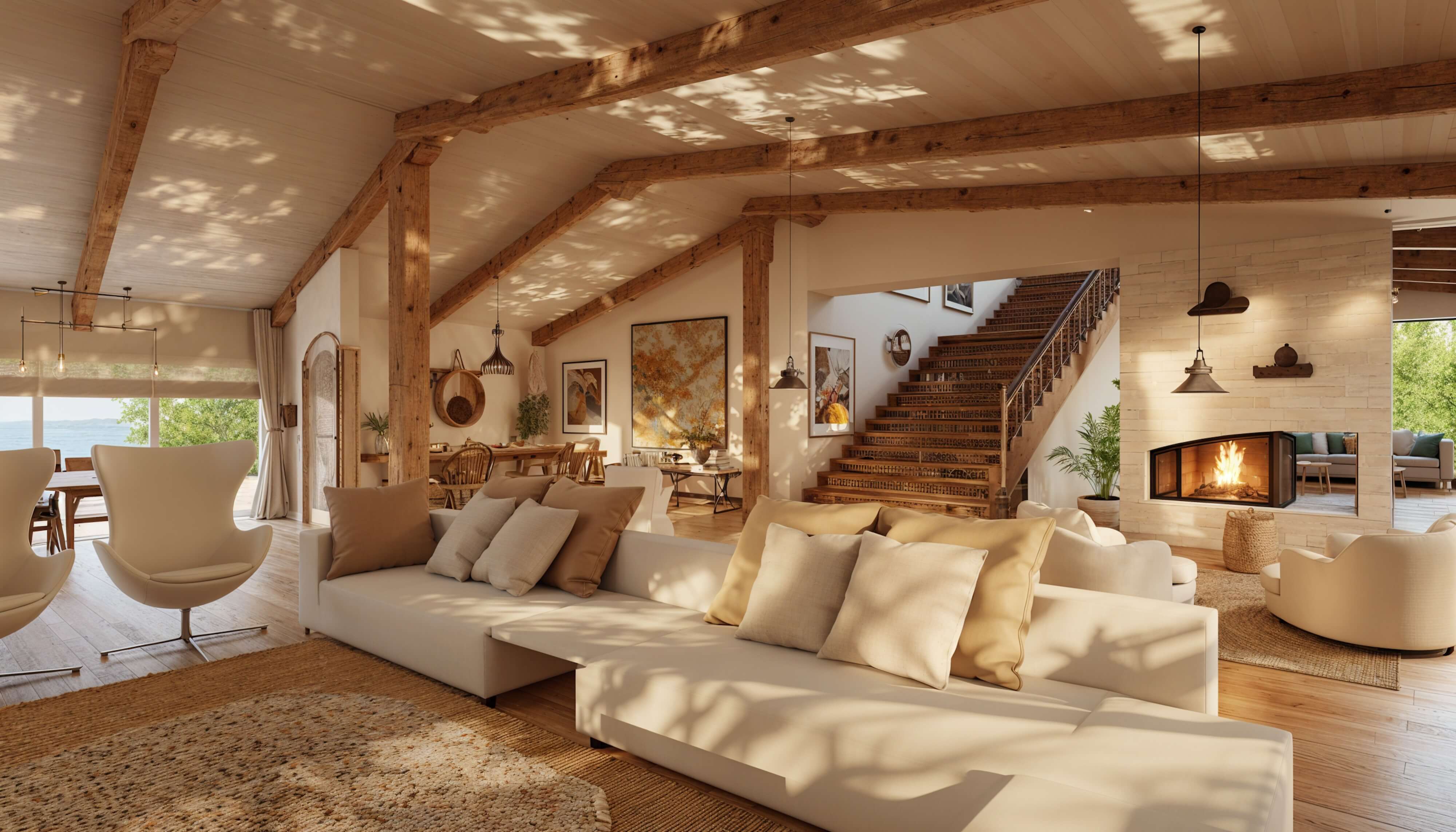Spacious great room with layered upholstered seating, exposed beams, fireplace, staircase, and warm natural light.