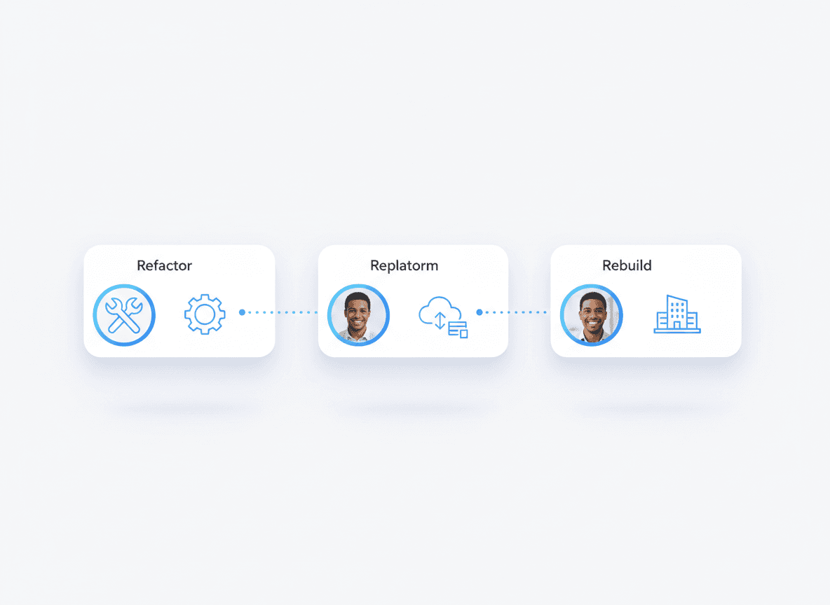 “Floating UI cards showing modernization strategies—refactor, replatform, rebuild—representing enterprise decision-making for cloud-native transformation.”