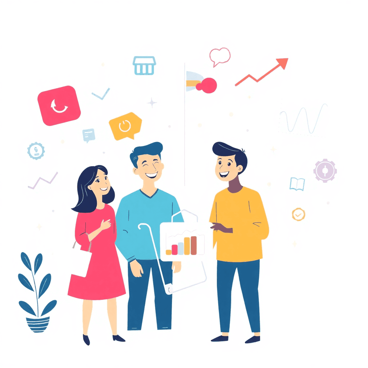 Happy customers engaging with digital shopping icons, arrows, and charts on a bright background symbolizing ecommerce growth and customer retention