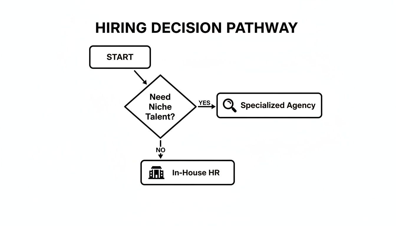 A flowchart illustrating the hiring decision pathway, guiding whether to use a specialized agency or in-house HR.