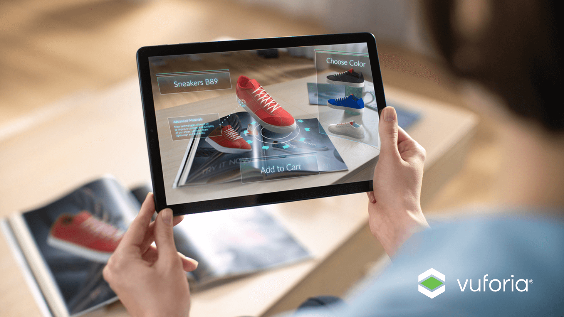 A consumer using a tablet powered by PTC Vuforia to scan a print catalog, triggering an augmented reality e-commerce experience that displays interactive 3D sneakers with 'Add to Cart' functionality.