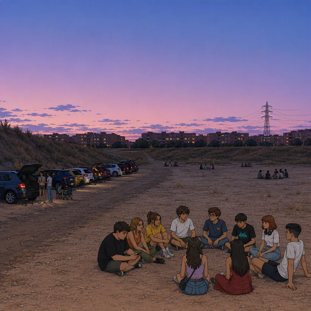 El descampado al anochecer, bajo un cielo malva. El grupo sigue sentado en corro y, al fondo, los coches tienen las luces encendidas.