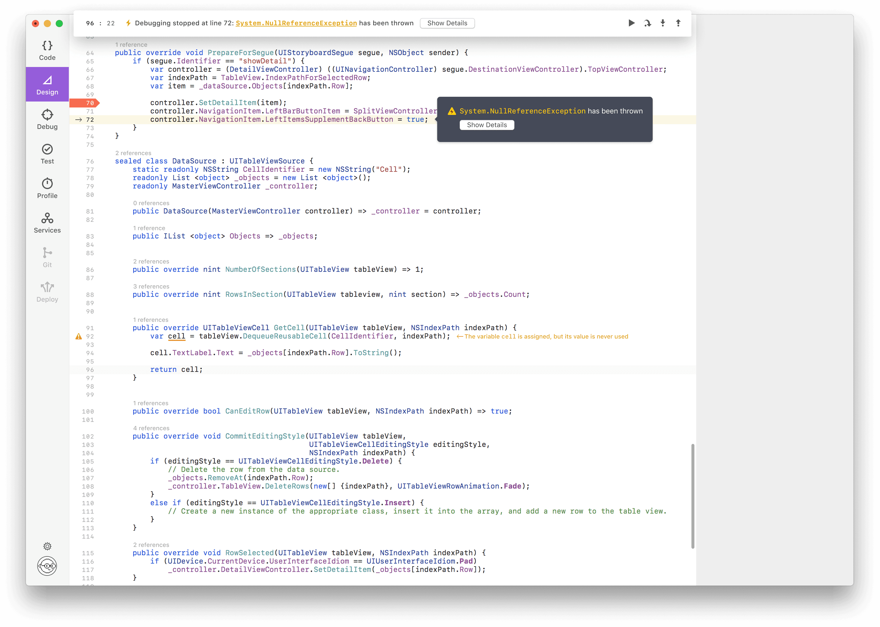 Code editor interface showing a debugging session with a NullReferenceException error highlighted at line 72 of a C# or similar programming language file.