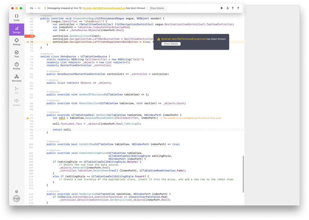 Code editor interface showing a debugging session with a NullReferenceException error highlighted at line 72 of a C# or similar programming language file.