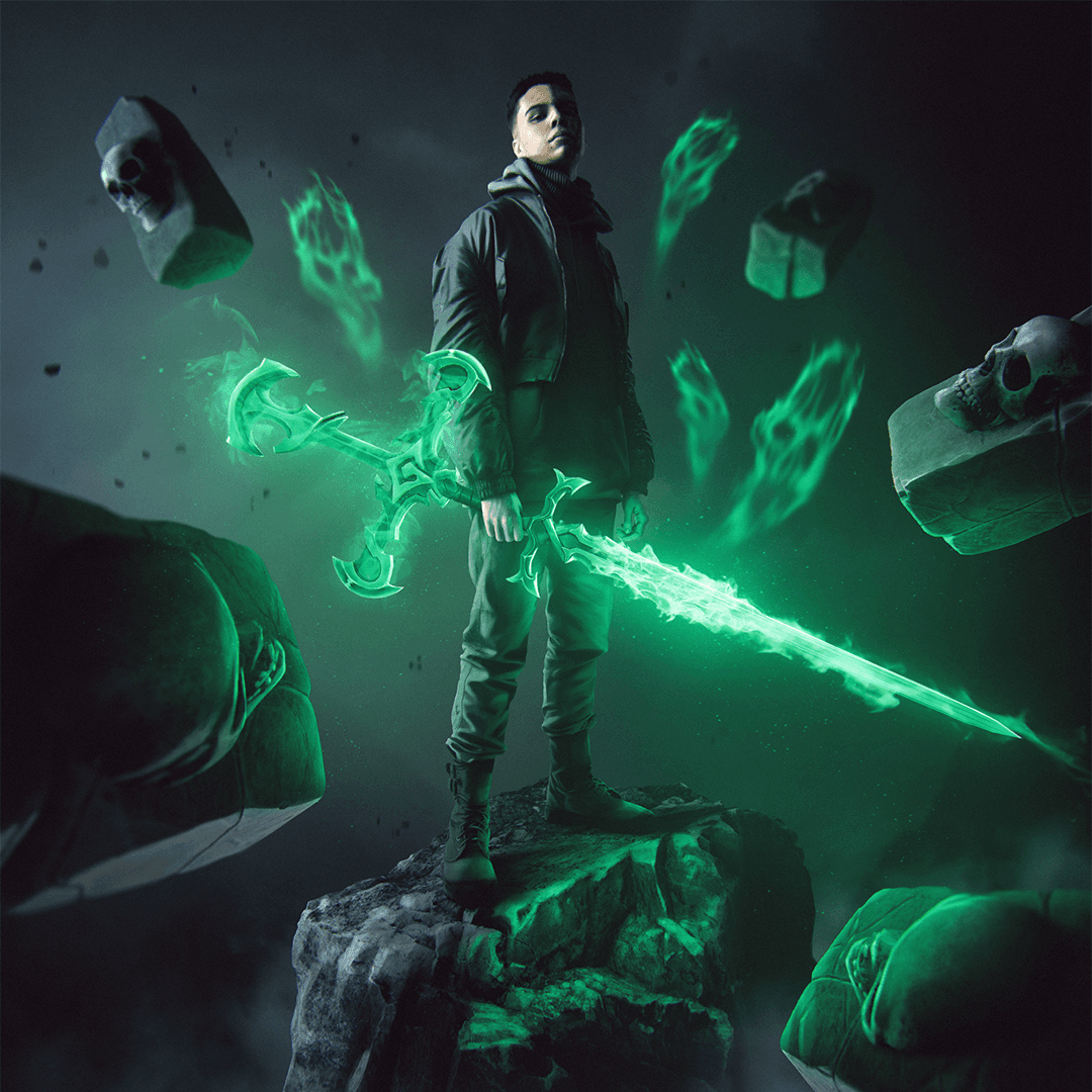 A man in a dark and macabre setting holding a massive flaming green sword