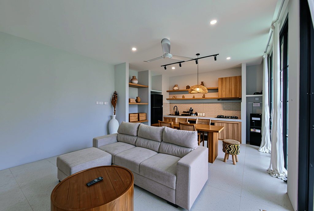 Stylish wooden dining set and contemporary kitchen. Our real estate team finds the best properties in Pererenan.