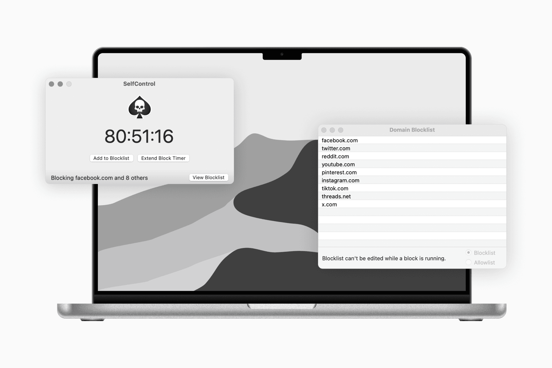 SelfControl block list and timer windows on MacBook