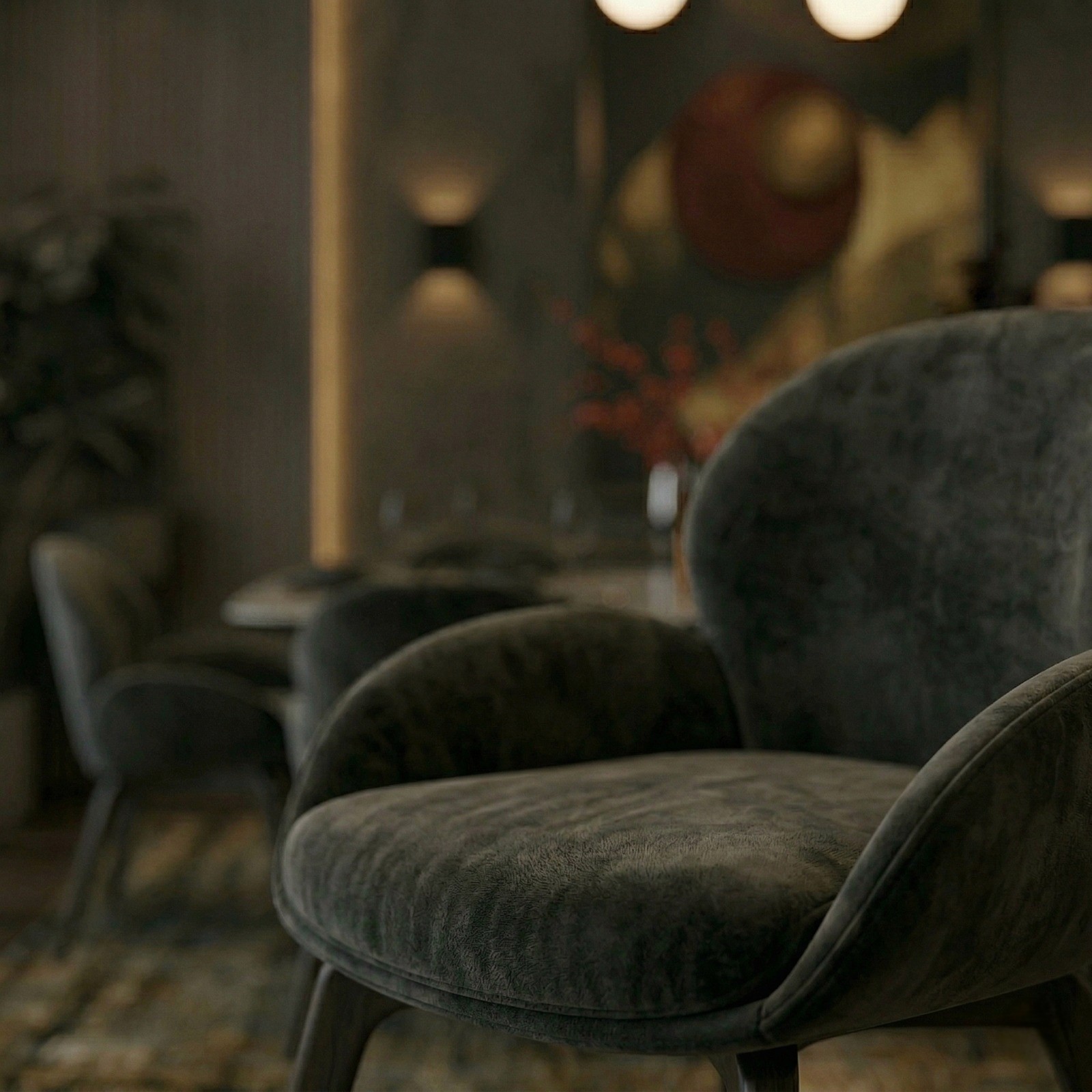 Elegant master bedroom with four-poster bed, soft drapes, and curated art pieces.
