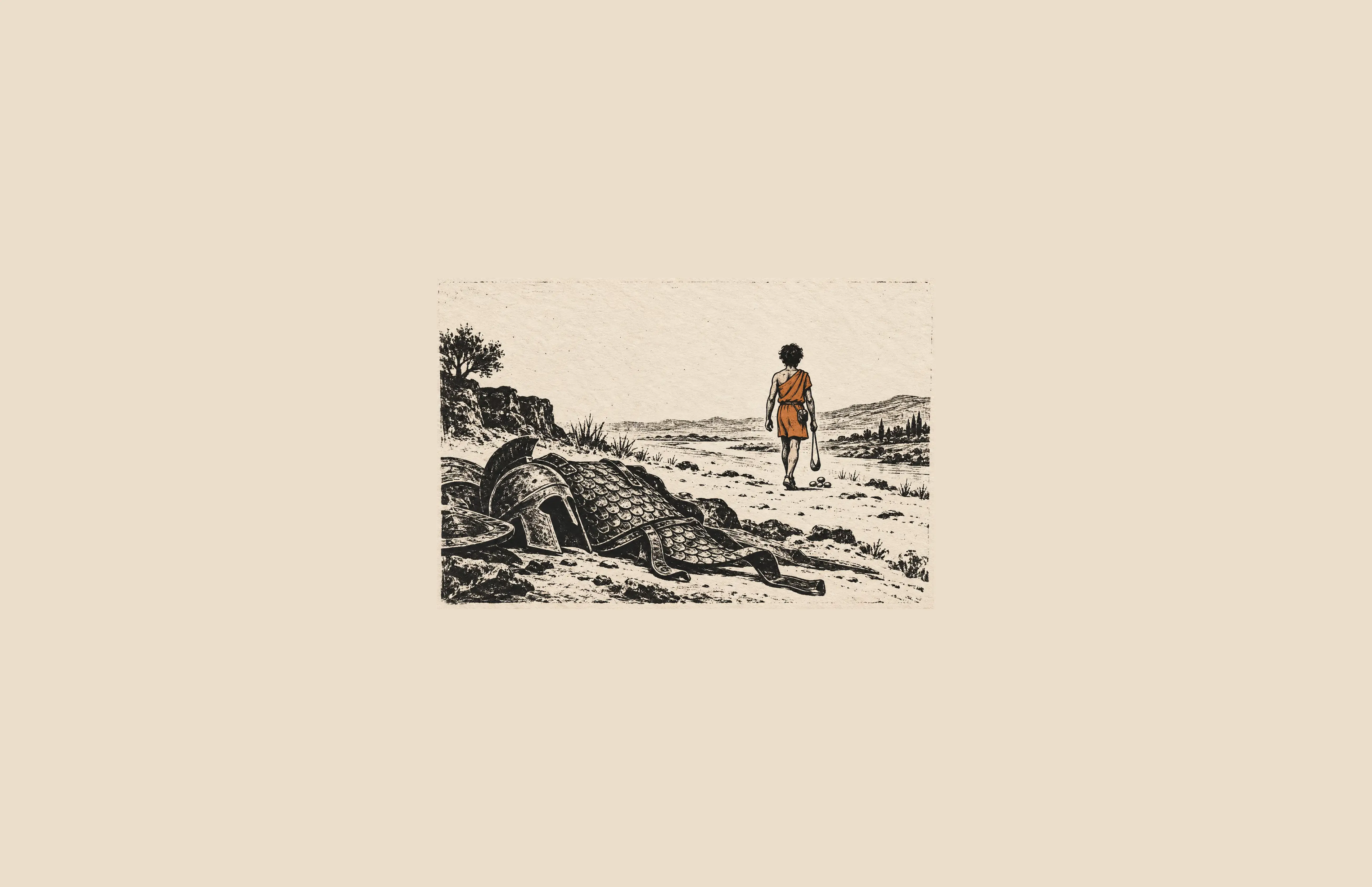Vintage engraving of David leaving behind Saul's armor, lying discarded in the foreground, and walking toward Goliath with only his sling.