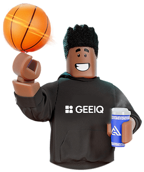 Roblox figure in hoodie spins basketball on finger.