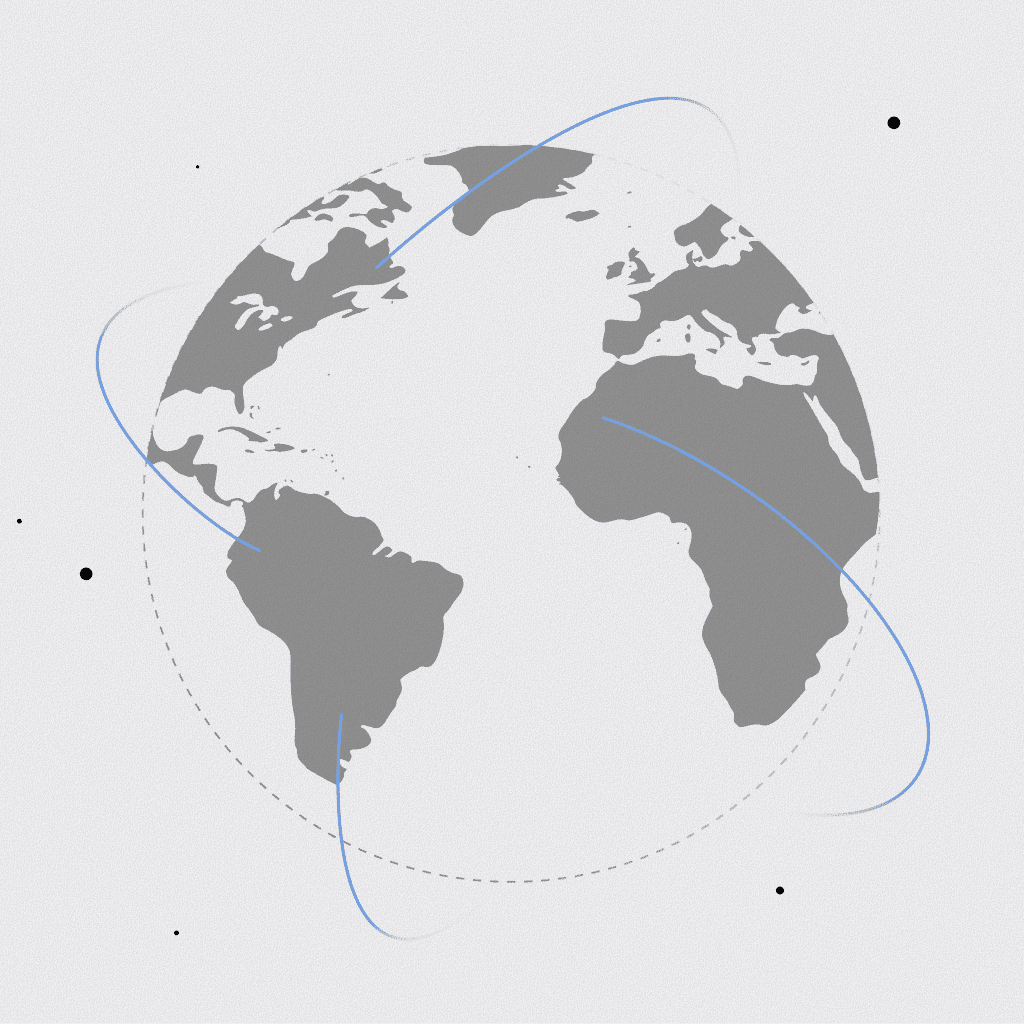 Grey world map with curved lines representing global connectivity.