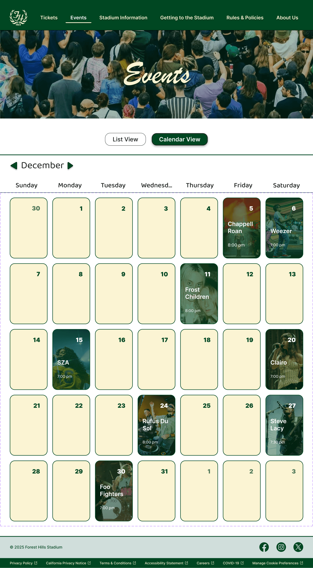 Redesigned Events page in Calendar View showing December month grid with event images on scheduled dates and List/Calendar toggle