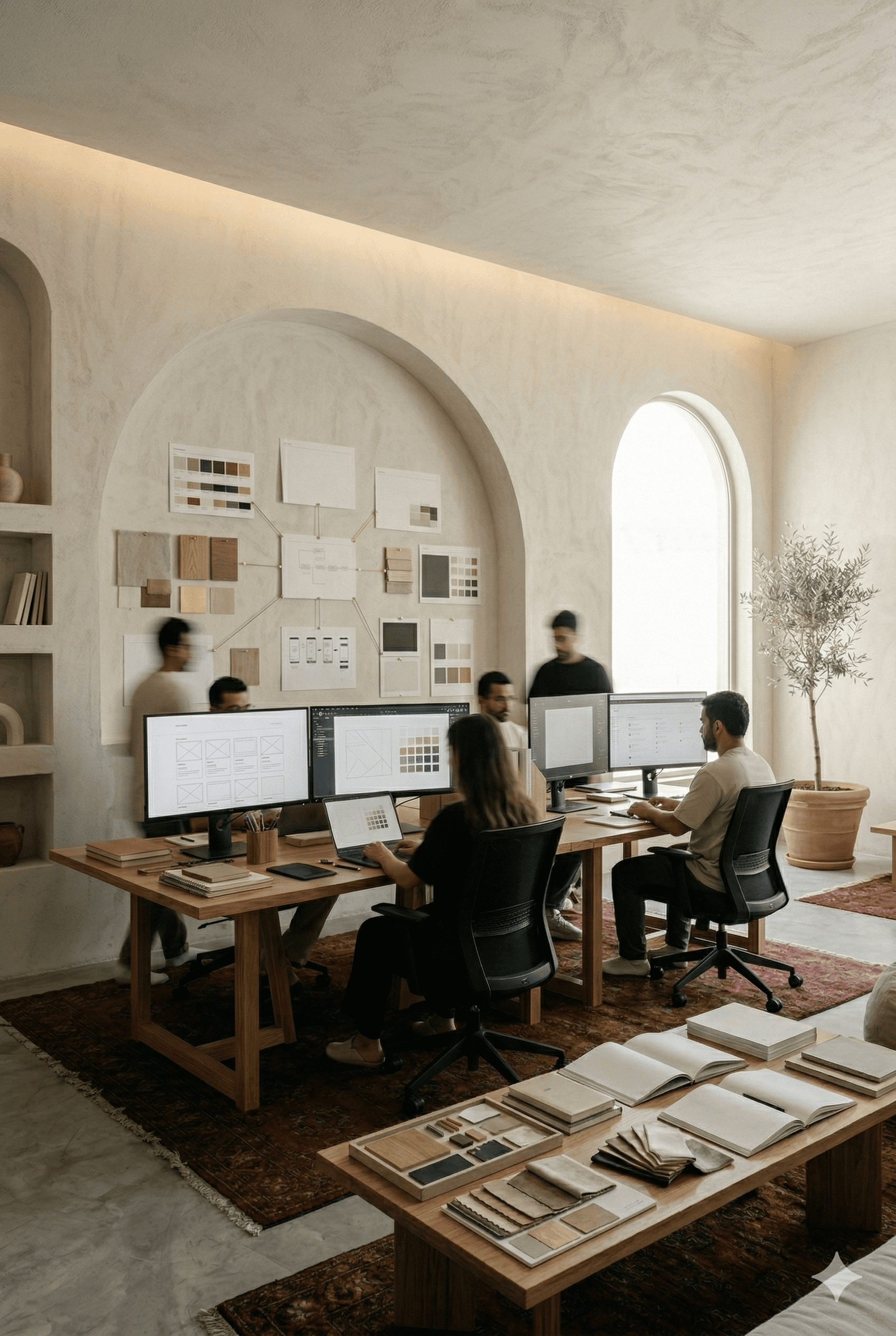 Woman in red outfit poses by a red telephone booth.