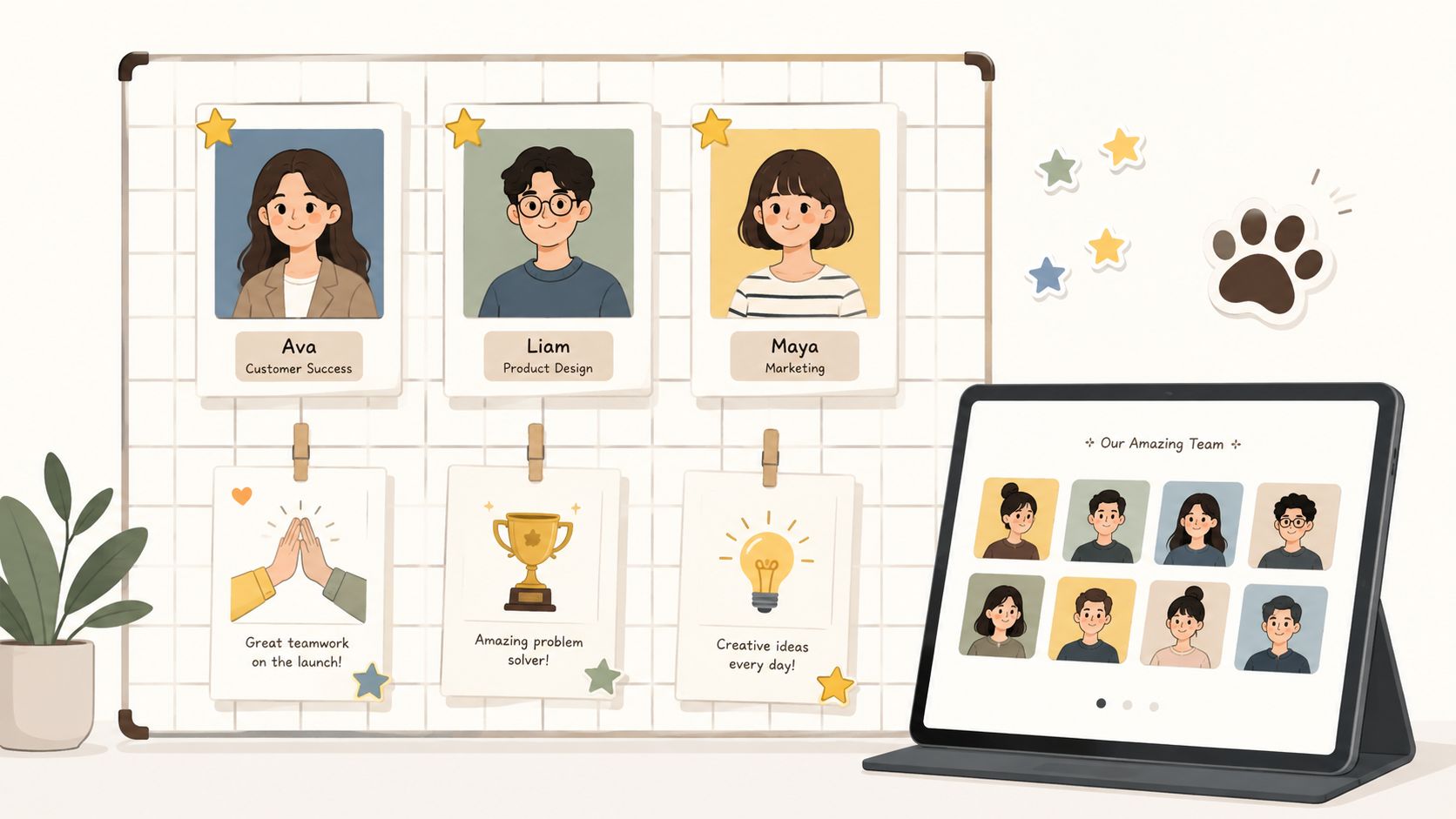 A creative team presentation board with portraits of Ava, Liam, and Maya alongside illustrative office achievement cards.