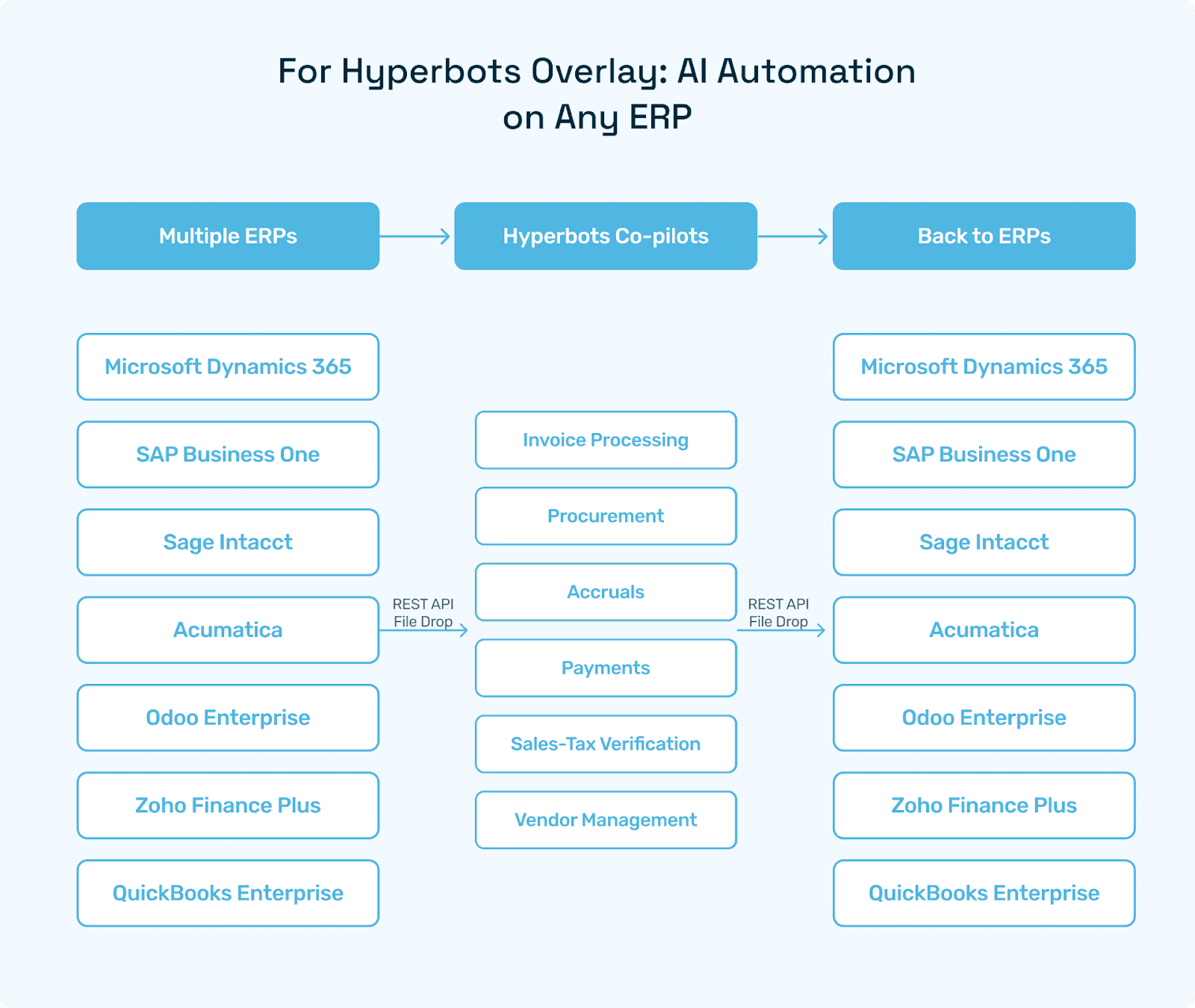 Flowchart “ERP Agnostic Hyperbots Layer” showing multiple ERPs feeding into Hyperbots Co-pilots, then back.