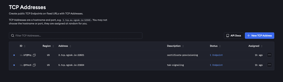 Ngrok dashboard showing TCP Addresses interface with a table displaying fixed URLs and ports for public TCP endpoints.