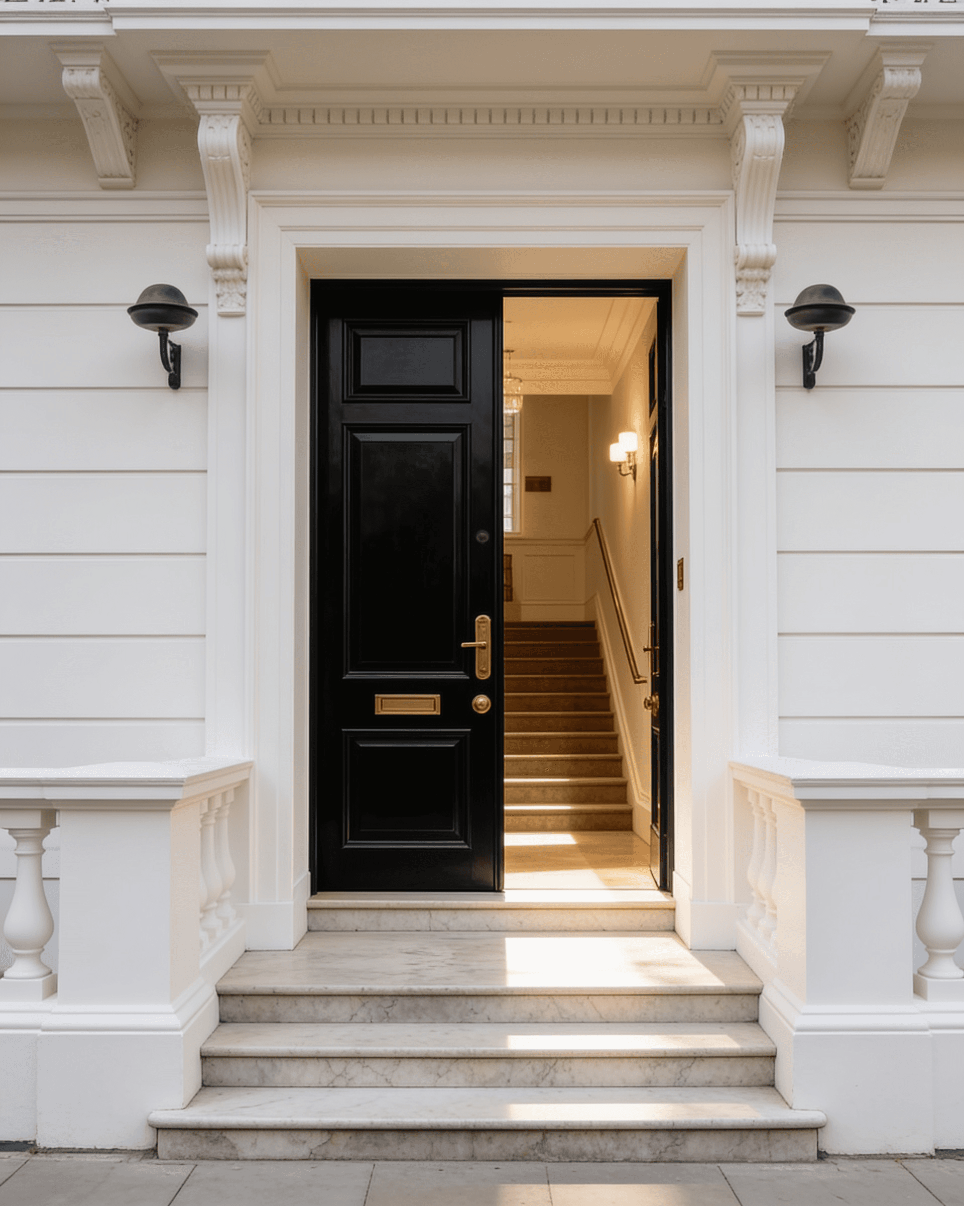 Elegant entrance with a black door, gold accents, and white walls, leading to a warmly lit interior staircase.