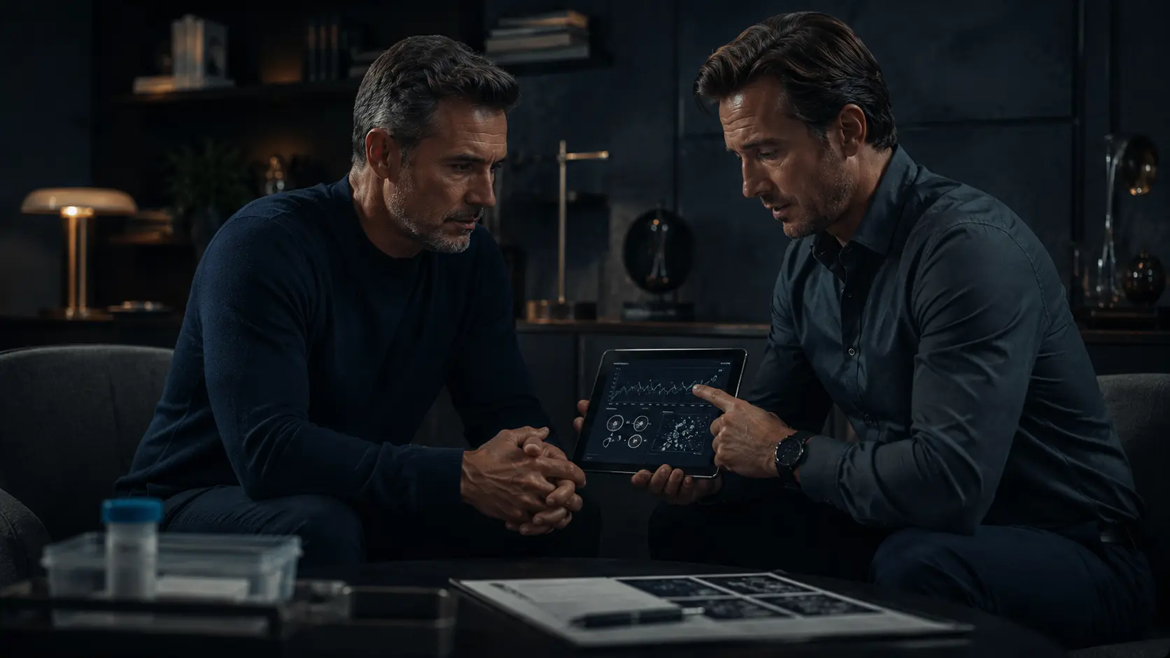 Two men seated across a table in a dark room