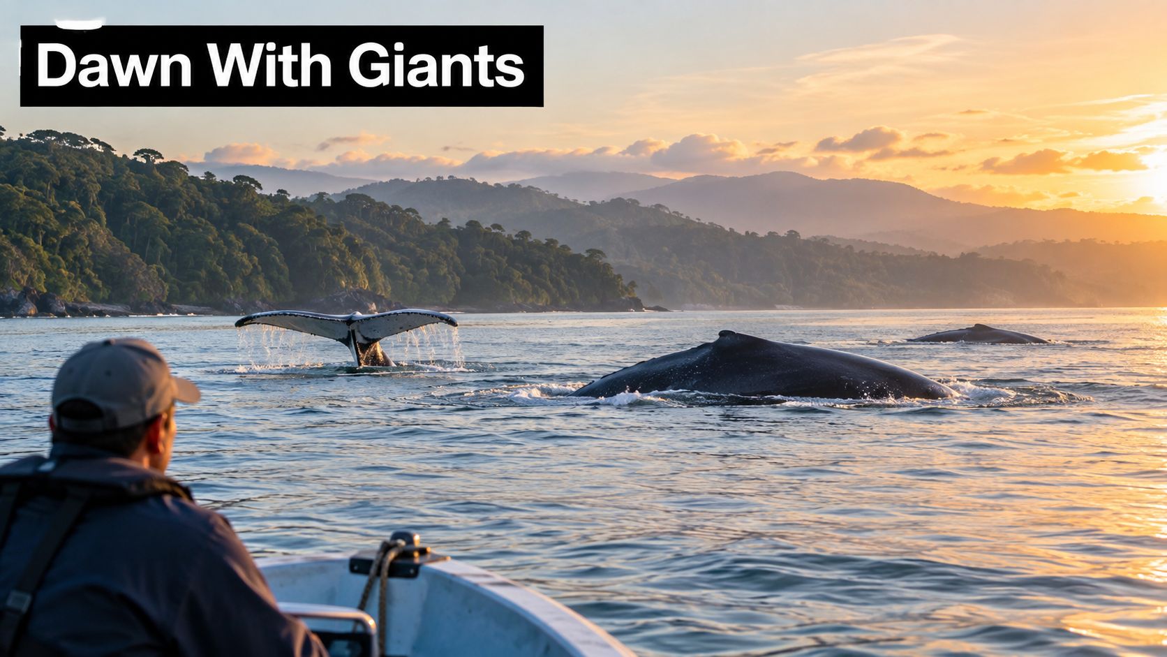 A person in a boat watching humpback whales surfacing near a tropical coastline during a golden sunrise.