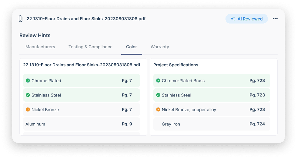 Color-coded submittal comparison highlighting mismatches between specs and product data