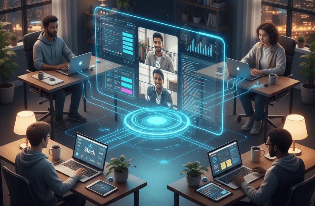 Holographic globe displaying global digital connectivity and communication